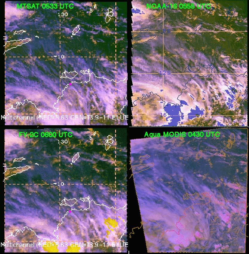 Figure 1. RGB images from flight day, 25 January 2006, for four satellites around 0515 Universal Time Coordinates (UTC). Each has a unique perspective.
