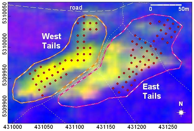 Study Area and Data Figure: The East Tails and the West Tails shown in a color composite image of the DAIS data.