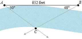 A is a line 652 feet long on one bank of a stream. C is a point on the opposite bank. AC = 50 and AC = 48.