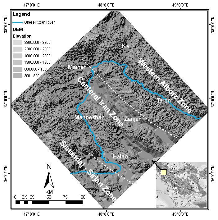 Arian et al., 2011 Figure1. DEM of the study area (USGS/SRTM data) illustrating structural and sedimentary zones marked by dashed lines and some urban points in NW Iran.