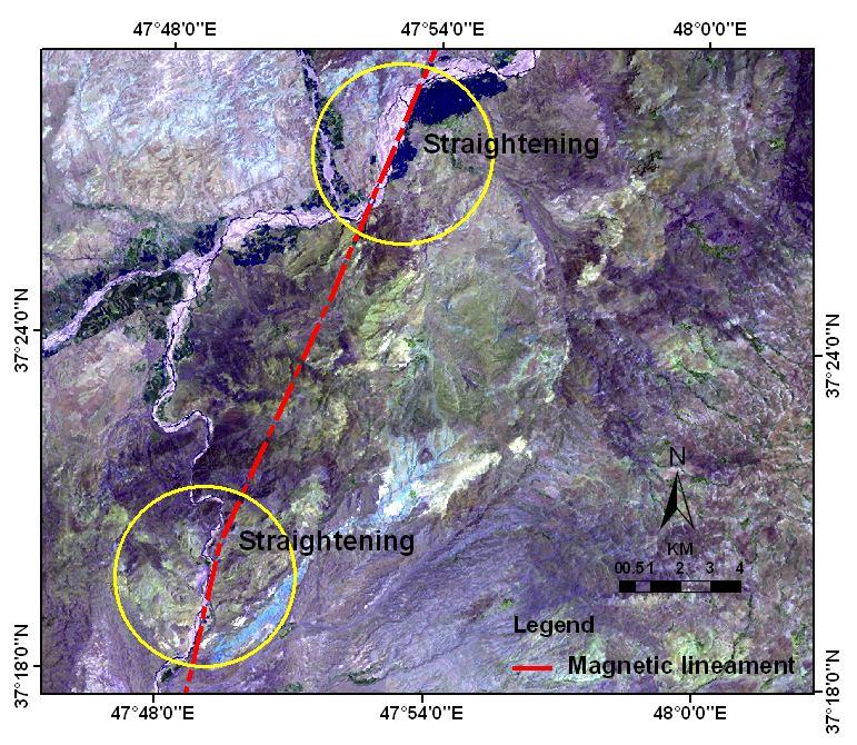 Arian et al., 2011 Figure 7. Annotated Landsat image depicting the situation of magnetic lineament and resulting straightenings of the river course in the area. Figure 8.