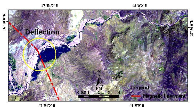 Landsat image depicting the situation of magnetic lineament and resulting knick point in longitudinal profile of the Qezel Ozan River.