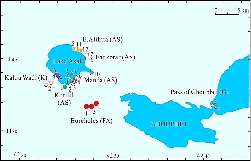 Idil Souleiman 596 Report 29 FIGURE 3: Map of the Asal-Ghoubbet area The thermal water on the edge of the Ghoubbet (G2) is located in the basaltic series of the Gulf (1-4 Ma).