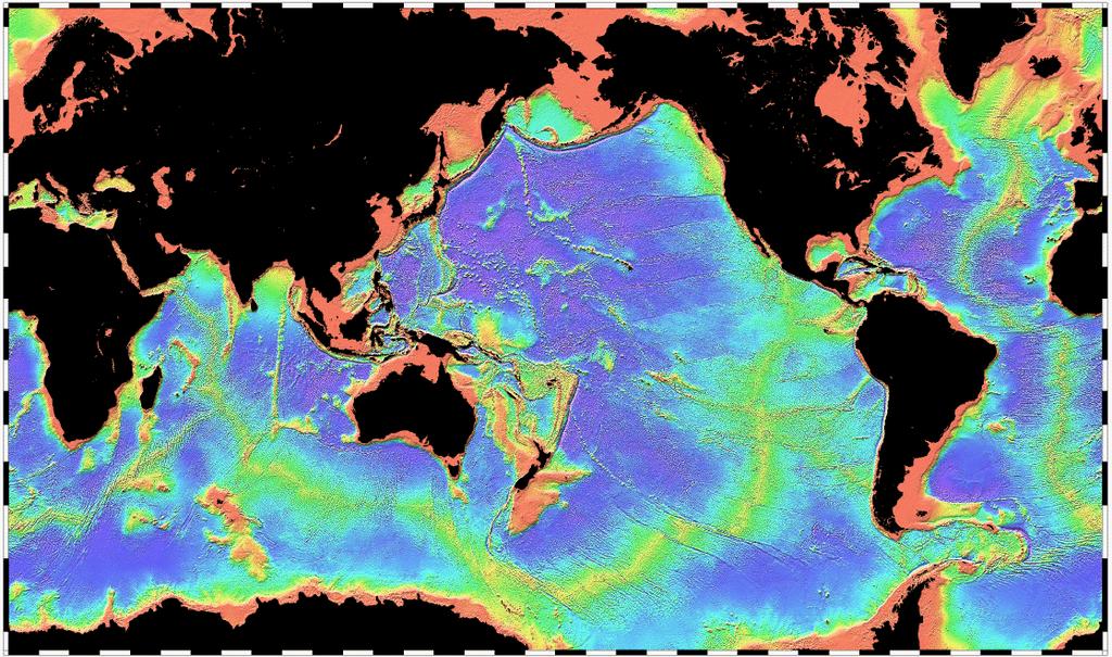 Ocean bathymetry and schematic cross-section The sea-floor topography of the ocean with 3km resolution produced from satellite altimeter observations of the shape of the sea