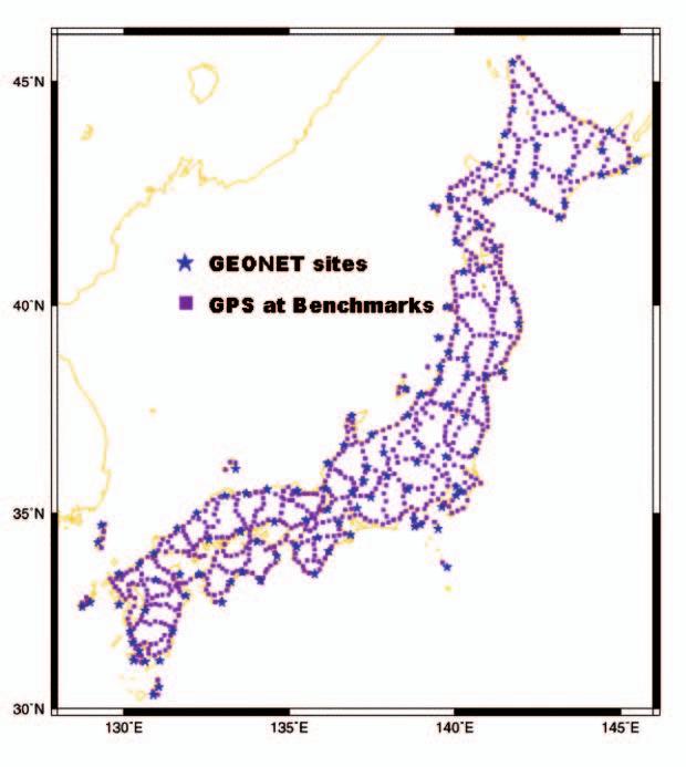 55 Fig. 2 Distribution of the nationwide net of GPS at benchmarks with GEONET sites. 1996 and 1998.
