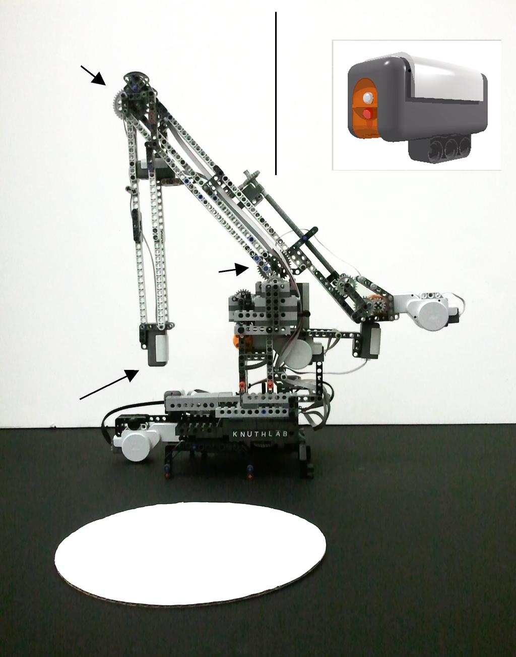 Figure 1: A photograph showing the robotic arm along with the circle it is programmed to characterize. The robotic arm is constructed using the LEGO NXT Mindstorms System.
