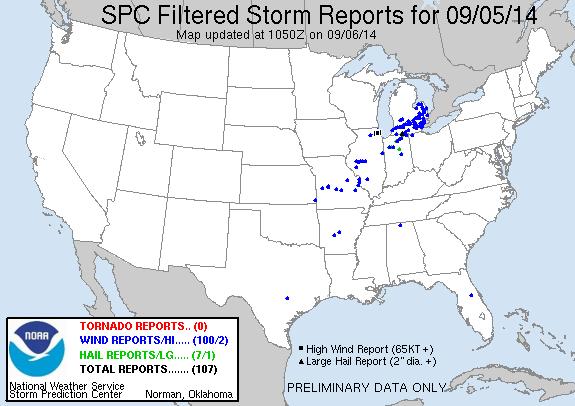 Severe Weather Outbreak MI & IL September 5-6, 2014 Strong thunderstorms and damaging winds moved through MI & IL No fatalities or major/widespread property damage reported Widespread power outages