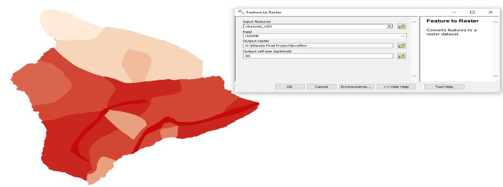 Figure 3B: Lava Flow Raster of the vhzones_83 shapefile I converted the shapefile, vhzones_n83, into a raster using the Feature to Raster tool in ArcToolbox.