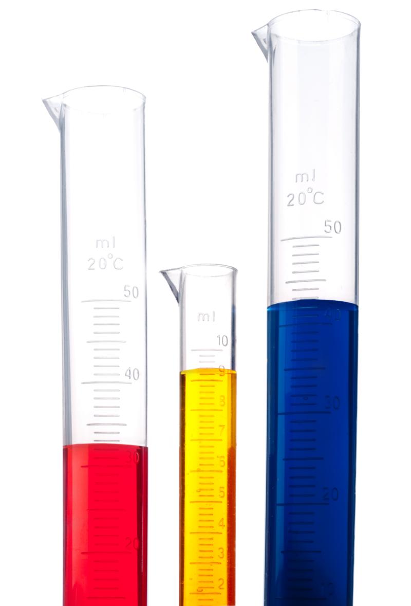 When the weight of the object being measured equals the combination of standard weights the scale balances. A graduated cylinder measures volume of a liquid.