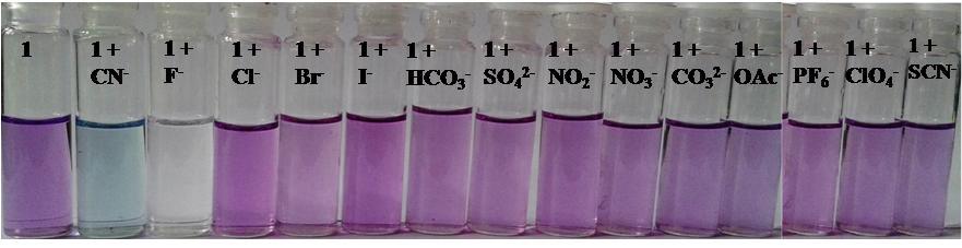 Figure S14: Visual colour changes in the solution of 1 (10-5 M, CH 3 CN) on addition of 15 ppm of different anions in H 2 O.