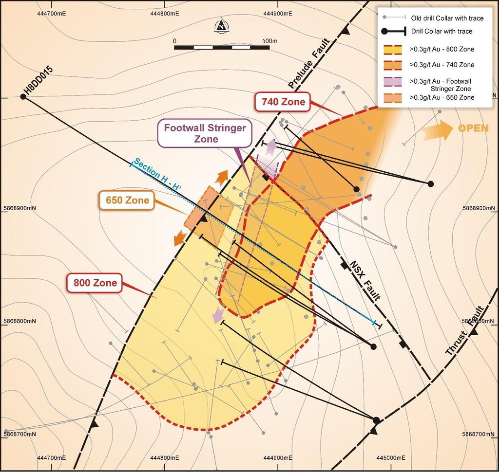 800 and 740 Zones Figure 4: Hill 800 plan with drill holes and mineralised zones projected to surface.