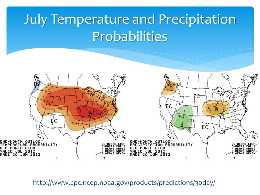 July outlook, temperatures probabilities (left) precipitation probabilities (right). Temperatures are likely to continue warm throughout the month over nearly all the central US.
