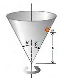Q4 (5 pts) A small block with mass m is placed inside an inverted cone that is rotating about a vertical axis with period T. The walls of the cone make an angle q with the vertical axis.