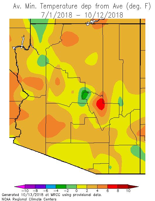 Monsoon 2018 Minimum temperatures during the monsoon were 0-4 o F warmer than average across most of the state with cooler than average spot just south of Flagstaff and in northern Mohave