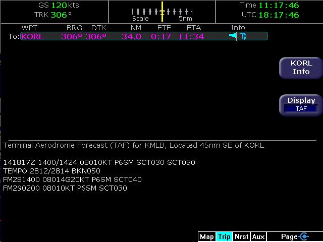 Text METARs are presented on the TRIP page by cycling the "DISPLAY" button until "METAR" appears.