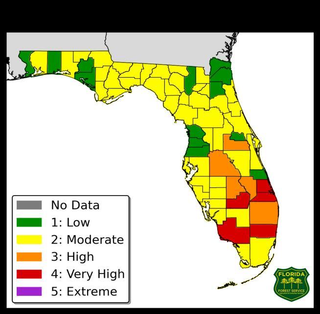 The Keetch-Byram Drought Index average for Florida is 329 (+/-0) on a scale from 0 (very moist) to