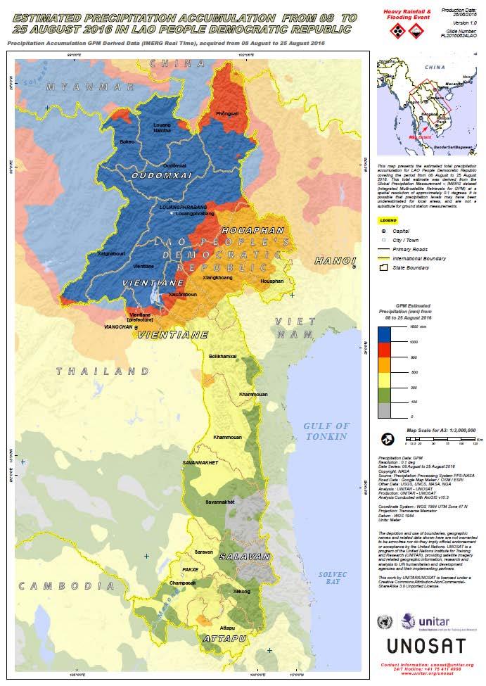 UNOSAT Report Estimated Precipitation Accumulation from 08 to 25 August 2016 in Lao People Democratic Republic This map presents the estimated total precipitation accumulation for LAO People