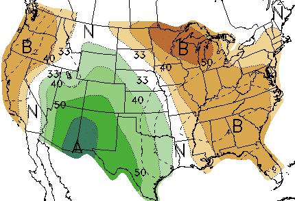 The lower map is the 6-10 precipitation outlook with above to much above normal conditions from the Central and Southern Plains into the Great Basin and the Southwest.