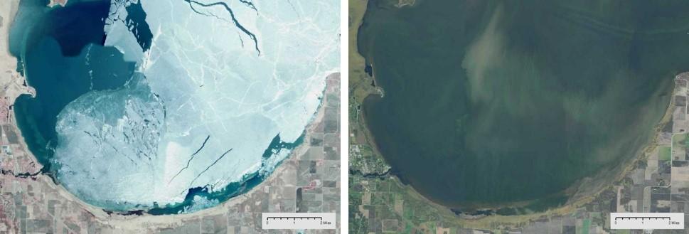 Figure 40. Lake ice example on Lake of the Woods; 2013/14 CIR (left) and 2015 NAIP (left).