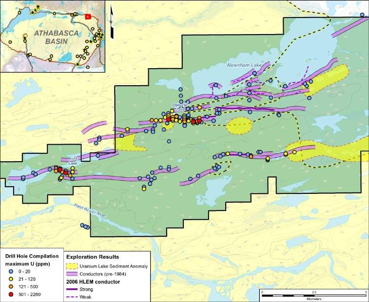 Newnham Lake Property 100% owned 11,737 Hectares over 8 claims Located at the northeastern corner of the Athabasca Basin Historic work by SMDC (predecessor of Cameco) in the 1980 s showed anomalous