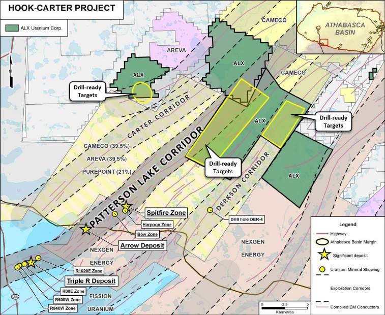 Hook-Carter Property 100% owned 16,808 Hectares over 28 claims Located at the northern end of the Patterson Lake, Derkson and Carter structural trends Recent target definition exploration: Airborne