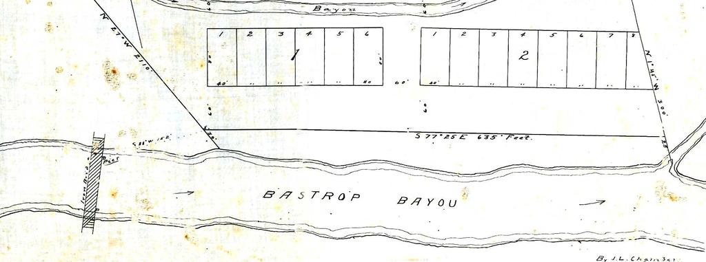Plat Map of Suzzette dated 10-15-1906. Drawn by J. Lee Chambers, Brazoria County Surveyor. Ink on translucent drafting cloth. Nan Bass Collection, Brazoria County Historical Museum. Object ID 1988.