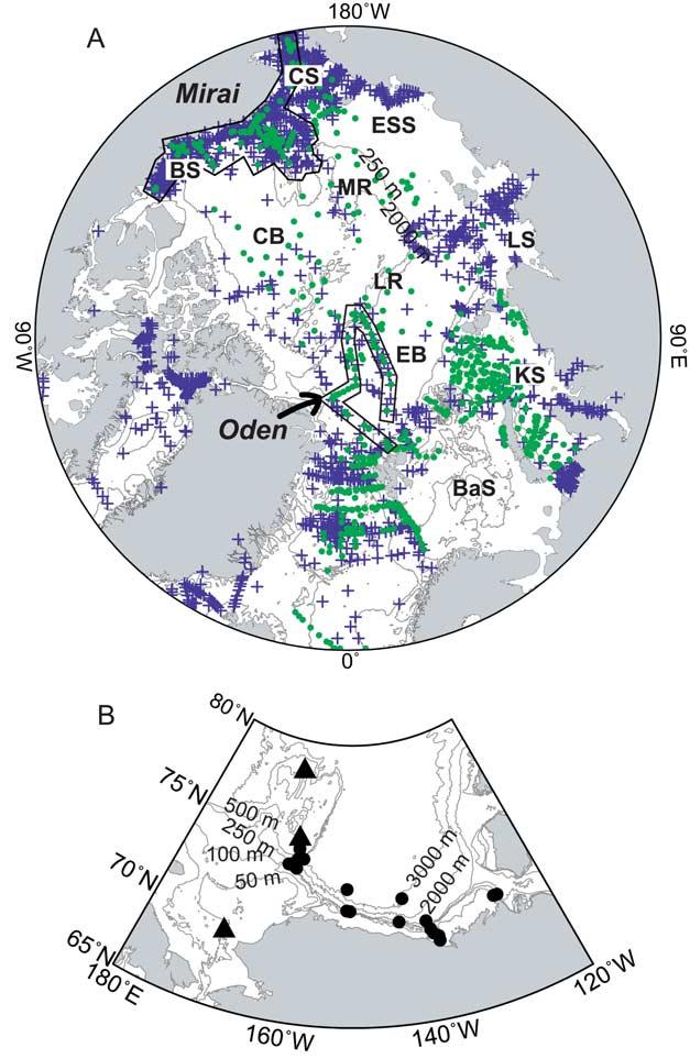 Figure 1. (a) Geographic distribution of data used in this study. Blue crosses and green dots indicate stations for d 18 O and TA, respectively.