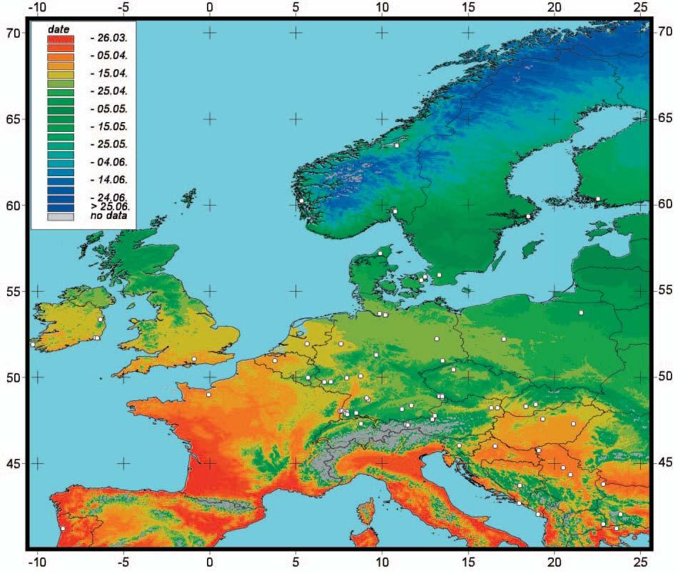 Phenological products: mean, trends, A standard way to utilise the phenological data is to average them over decades, parameterise against some variables, perform trend