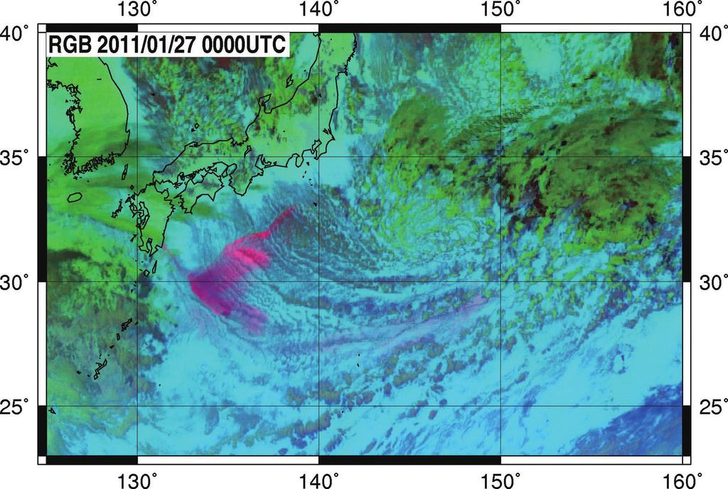 170 Journal of the Meteorological Society of Japan Vol. 94, No. 2 Fig. 11. RGB composite image from MTSAT-2 at 00 UTC 27 January 2011. RGB are defined (red: IR10.8 IR12.0; green: IR3.9 IR10.