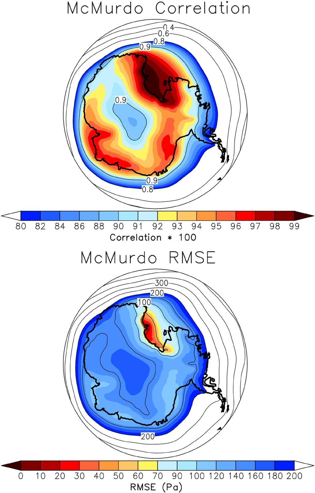 Fig. ES7. (top) Correlation of the pressure at McMurdo station with every other grid point of the ERA-Interim surface pressure anomalies during DJF.