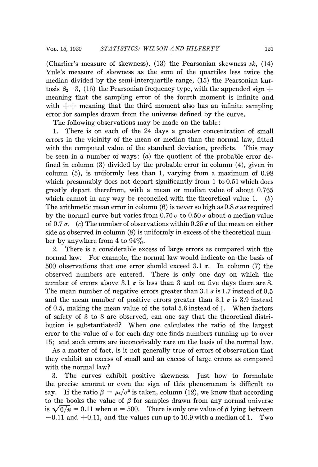Voh. 15, 1929 STATISTICS: WILSON AND HILFERTY 121 (Charlier's measure of skewness), (13) the Pearsonian skewness sk, (14) Yule's measure of skewness as the sum of the quartiles less twice the median