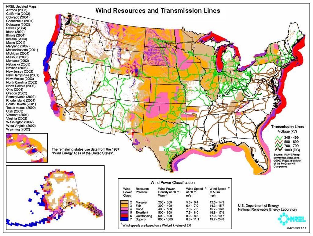 (3). Figure 2: Wind Resources map with transmission lines [8] Wind turbines convert the motion of the wind into rotational shaft work and in turn into electrical energy.