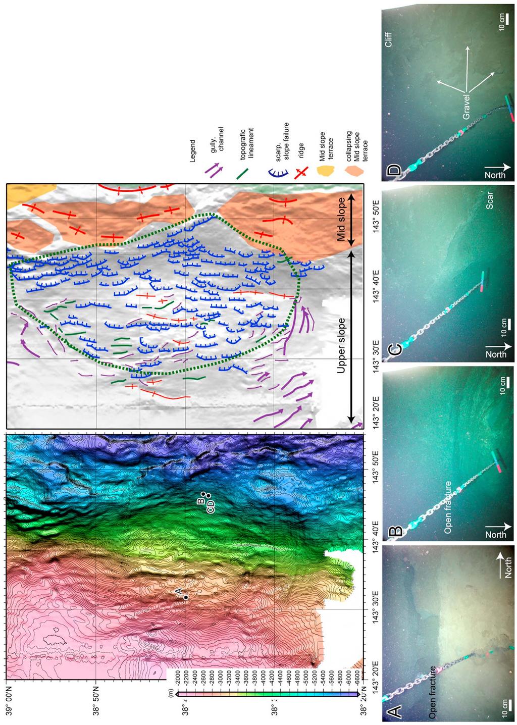 Figure 2. (left) Arcuate topography and (right) structural map. The bathymetric contour interval is 20 m. Filled circles A D indicates YKDT Dive points.