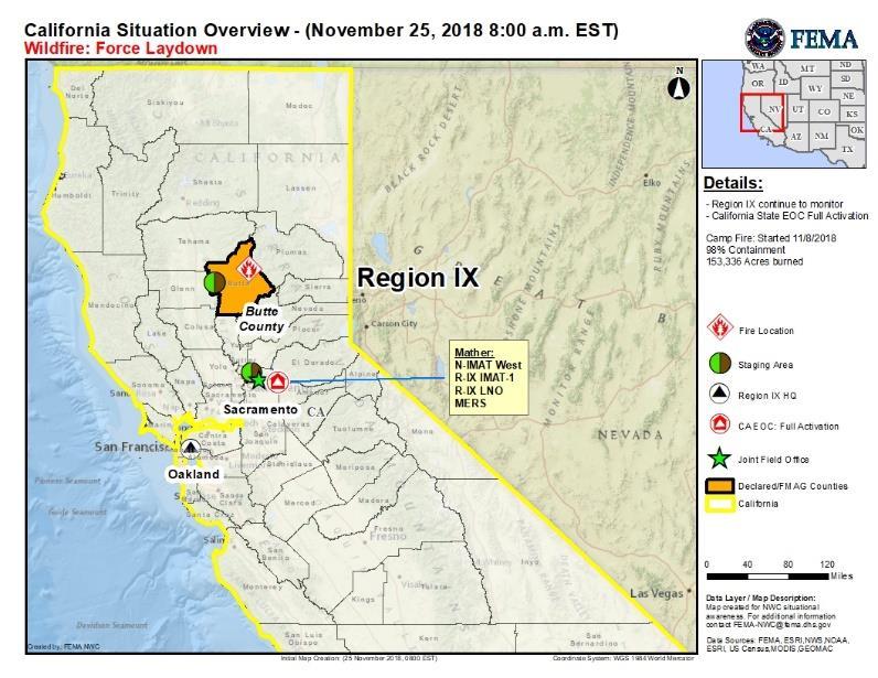 Camp Fire CA Fire Name (County) Camp (Butte) FMAG Acres Burned Percent Contained 5278-FM-CA 153,336 98% (+3) Evacuations (Residents) Mandatory (34,634) Structures (multiple and single residences)