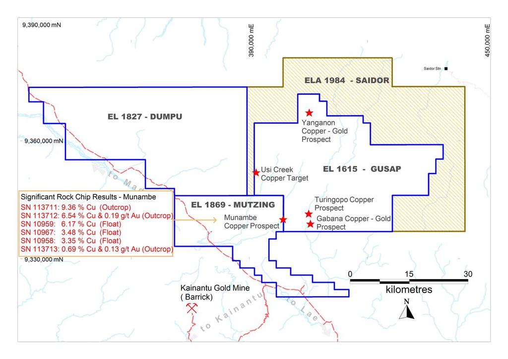 Pacific Niugini has sampled creek float and outcropping mineralisation in EL1615 at the Munambe prospect previously with samples returning: SN113711 9.36% Cu (Outcrop chip sample) SN113712 6.