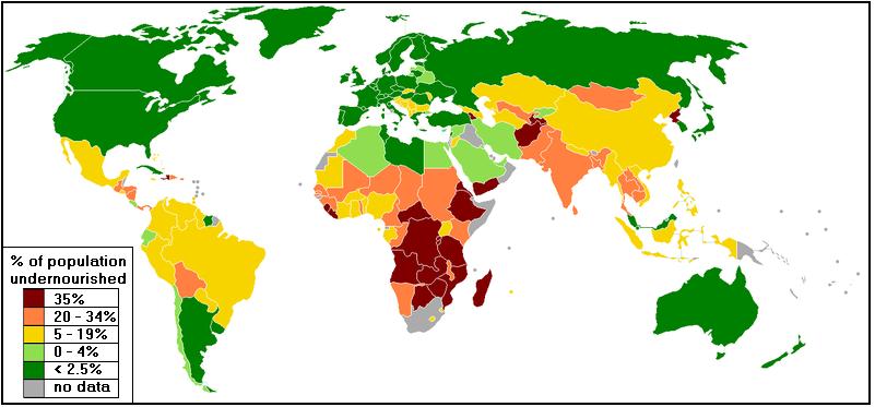 15. REGIONAL INEQUALITIES The map shows the percentage of population that are undernourished throughout the world.