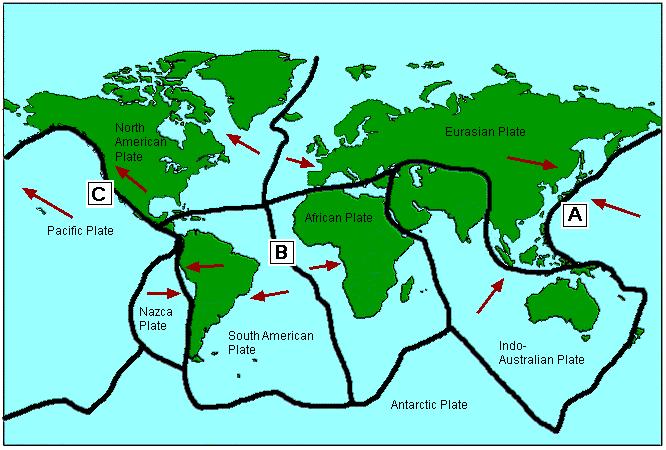 1. THE EARTH S CRUST The map shows some of the earth s crustal plate boundaries. Circle the correct option in each of the statements below.