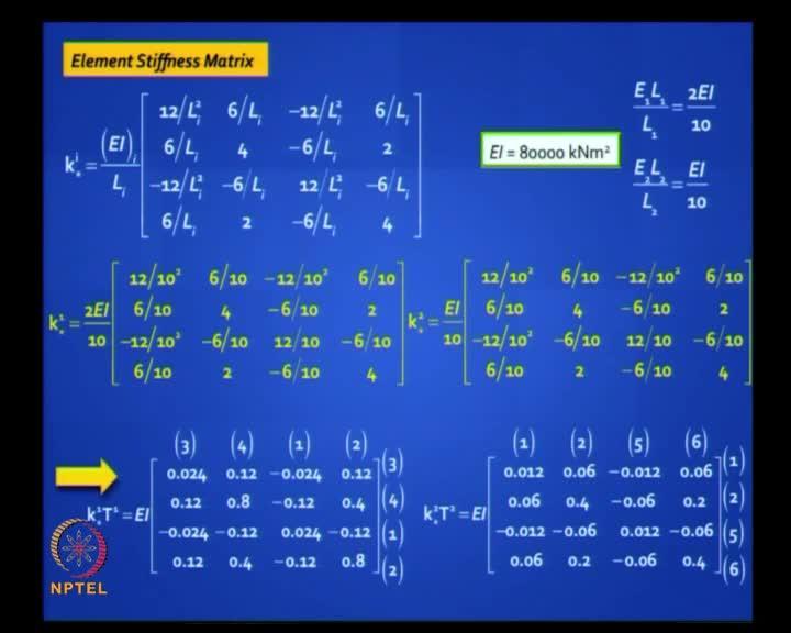(Refer Slide Time: 44:42) Element stiffness matrix, we know the formula, we have derived it, just plug in the values.