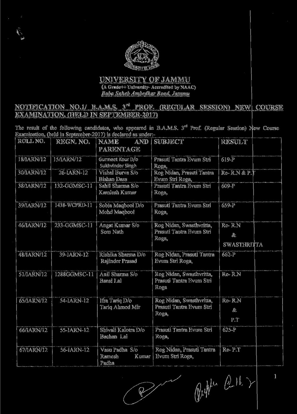 UNIVERSITY OF JAMMU (A Grade++ University- Accredited by NAAC) Baba Saheb Ambedkar Road, Jammu NOTIFICATION NO. I/ B.A.M.S. 3 rd PROF.