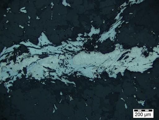 Photomicrograph 2c: In one case, the bismuth (creamy white) and the bismuthinite (light blue) are concenated within