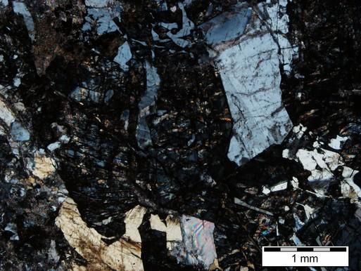 Most of the plagioclase crystals show albite twinning and are relatively fresh.