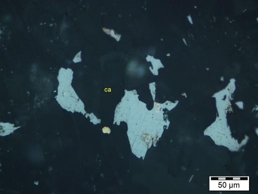 Photomicrograph 8e: Gold particles (yellow) are dispersed within a probable aggregate of