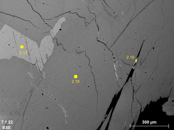 Sample 7: SEM-EDS backscattered image of bismuth (lighter grey), bismuthinite (darker grey) intergrowth, and one gold particle precipitated within the