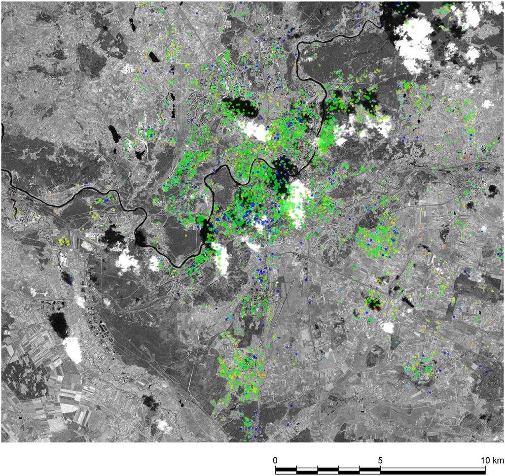 Case Study 1: Vilnius, Lithuania (4) Study period: 08 May 1992 to 13 August 2001 Data used: ERS-1 & ERS-2 PS Density: ~ 9 PS/km 2 Average annual motion rate of the entire processed area = - 0.