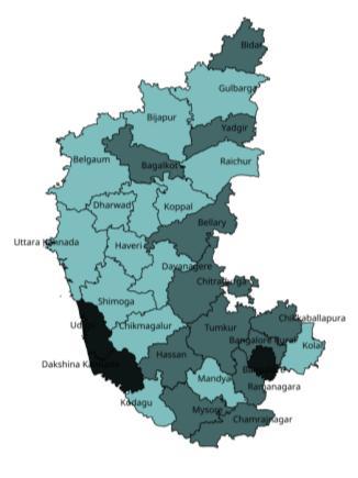 comprised of 30 districts which are grouped into five divisions and three regions namely, North Karnataka (Belgaum and Gulbarga Divisions), South Karnataka (Bangalore and Mysore