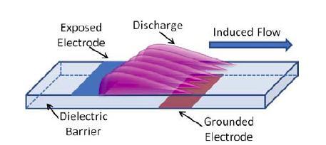 grounded electrode is placed asymmetrically on the lower surface of the dielectric with an additional dielectric layer to avoid an unwanted discharge.
