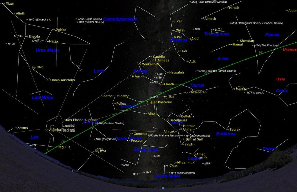 The chart above shows the night sky looking towards the south east at about midnight on 17 th November.