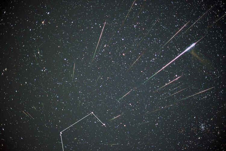 The paths of the meteors are shown by the straight lines emanating from the direction of the radiant point.