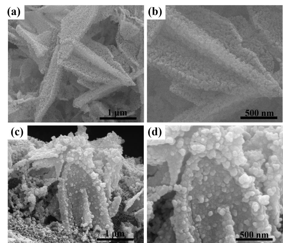 Fig. S8 SEM images of (a) and (b) Fe1Co3/VO-700, (c)