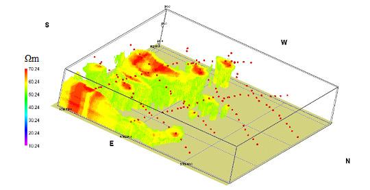 The distribution of resistivity values of 36Ωm-70Ωm marked light green to red has a volume of 425,264 m 3 of the base layer (the bedrock of andesitic-breccia) spread out East-West along the line E-E